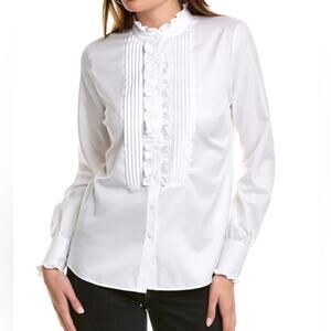 Brooks Brothers Tuxedo Pin-tuck Mandarin Collar Ruffled White top Women’s SZ 10